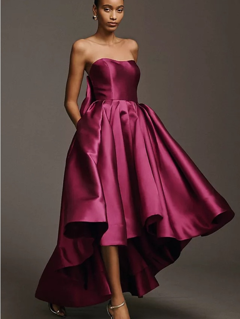 Hutch Strapless High-Low Satin Dress in Deep Berry
